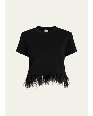 Cinq À Sept Cropped Feather-Trim Tee - Black