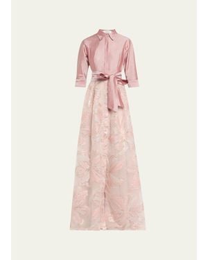 Teri Jon Taffeta & Floral Jacquard Shirt Gown - Pink