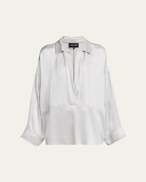 Giorgio Armani Hammered Satin Plunging Collared Shirt - White