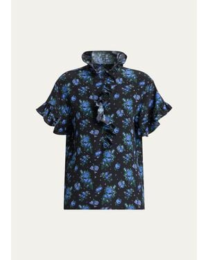 Chloé Floral Ruffled Silk Top - Blue