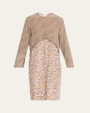 Marni Mixed-Print Silk Long-Sleeve Empire Shift Dress - Natural
