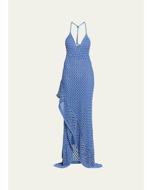 DIOTIMA Riki Crystal Crochet Knit Halter Maxi Dress - Blue