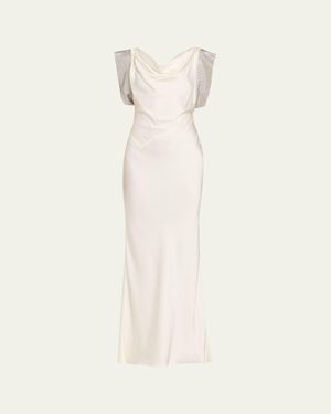 Stella McCartney Strass Cap-Sleeve Twisted Satin Gown - Natural