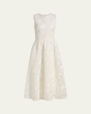 Monique Lhuillier Floral Cord Embroidered Organza Midi Dress - Natural
