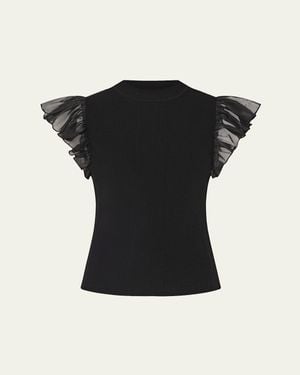 MILLY Ribbed Chiffon Flutter-Sleeve Top - Black