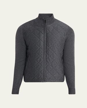 Neiman Marcus Quilted Full-Zip Sweater - Blue