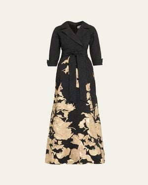 Teri Jon Metallic Floral Jacquard Shirt Gown - Multicolor