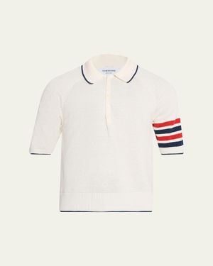 Thom Browne Linen And Cotton Knit-Bar Sleeve Polo Shirt - Natural