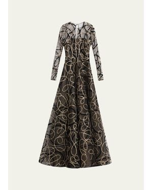 Naeem Khan Metallic Raffia Jewel-Neck Long-Sleeve Gown - Multicolor