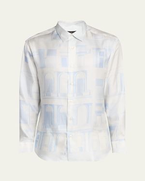 Brioni Palace-Print Silk Dress Shirt - Blue