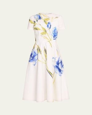 Teri Jon Cotton Floral Print Short-Sleeve Midi Dress - White