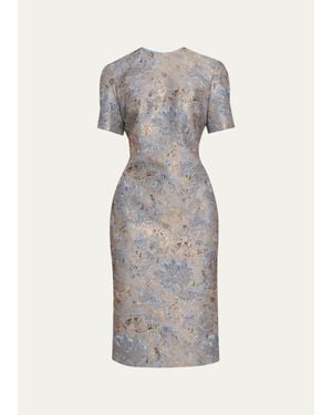 Prabal Gurung Short-Sleeve Metallic Floral Jacquard Sheath Dress - Gray