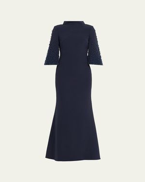 Badgley Mischka Beaded Funnel-Neck Crepe Trumpet Gown - Blue