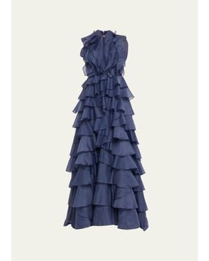 Aje. Cleo Strapless Tiered Ruffle Gown - Blue