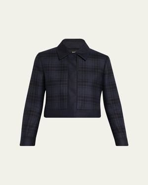 Akris Lewitt Check Wool Double-Face Crop Jacket - Blue