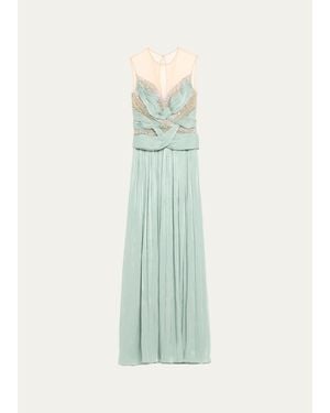 Costarellos Branka Embellished Crisscross Lurex Georgette Illusion Gown - Green