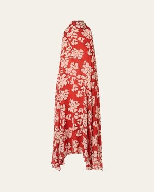 Akris Punto Mock-Neck Papercut Floral Print Viscose Georgette Midi Dress - Red