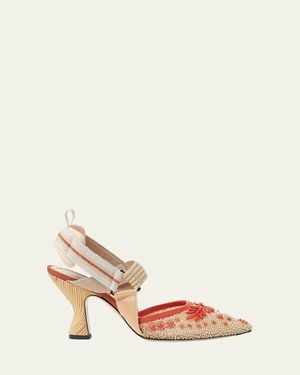 Fendi Colibri Beaded Mesh Sporty Slingback Pumps - Natural