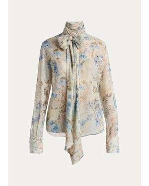 McQueen Floral Tieneck Silk Blouse - White