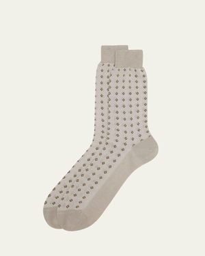 Bresciani Cotton Diamond-Woven Crew Socks - White