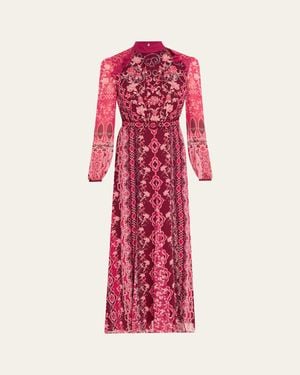 Saloni Jacqui-B Belted Floral Silk Midi Dress - Red