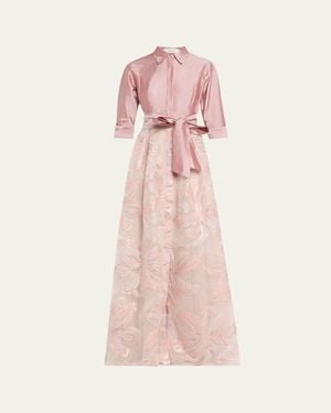 Teri Jon Taffeta & Floral Jacquard Shirt Gown - Pink