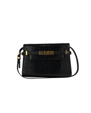 Saint Laurent Croc Embossed Manhattan Shoulder Bag - Black