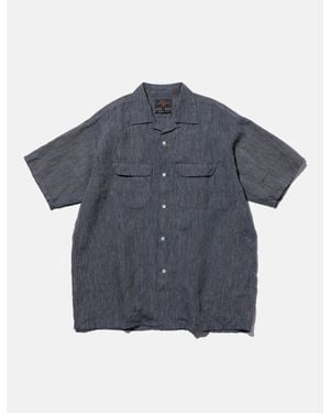 Beams Plus Open Collar Linen Stripe Shirt - Blue
