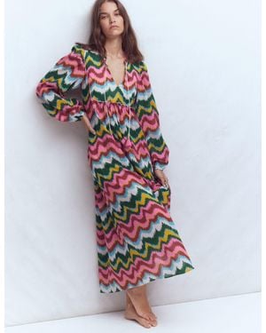 Boden Boho Tie Neck Kaftan-Multi, Zig Zag Wave - Brown