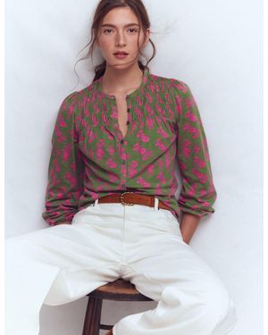 Boden Mya Smocked Jersey Shirt-Salsa, Decorative Blossom - Brown