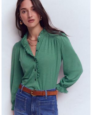 Boden Emily Pom Trim Ruffle Shirt - Green