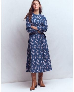 Boden Ava Cotton Midi Dress-Denim, Blossomy Sprig - Blue