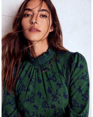 Boden Tia Smocked Neck Jersey Top-Dark, Dainty Meadow - Green