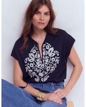 Boden Nina Embroidered Notch T-Shirt - Blue