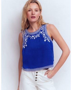 Boden Sofia Embroidered Linen Top-Surf The Web, Ivory Flower Emb - Blue