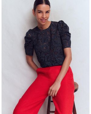 Boden Pleat Sleeve Lace T-Shirt - Red
