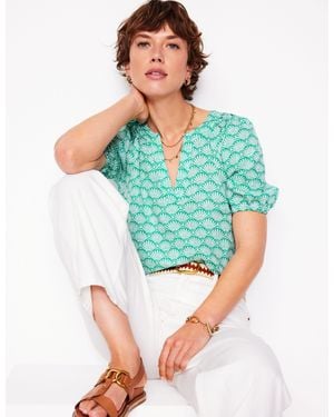 Boden Brooke Linen Top-Aquamarine, Deco Palm - Multicolor
