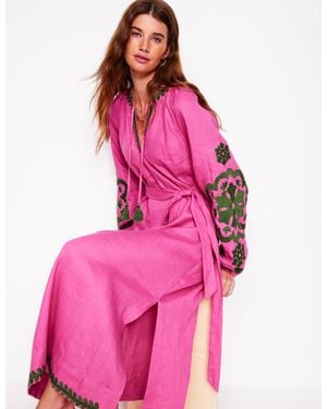 Boden Embroidered Linen Tassel Dress - Pink