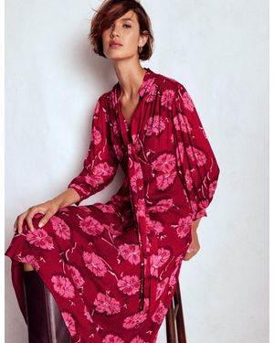Boden Brooke Tie Neck Tea Dress Cranberry, Delicate Vine - Red