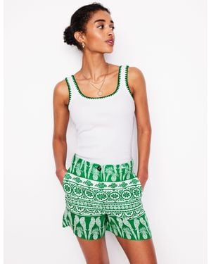 Boden Westbourne Linen Shorts-Rich Emerald, Ornate Tropics - Green