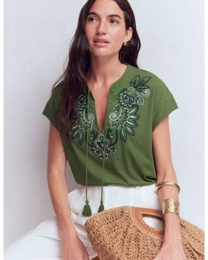 Boden Nina Embroidered Notch T-Shirt - Green