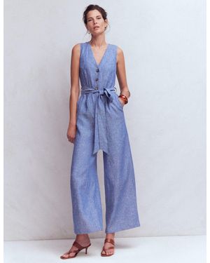 Boden Laura V-Neck Linen Jumpsuit - Blue