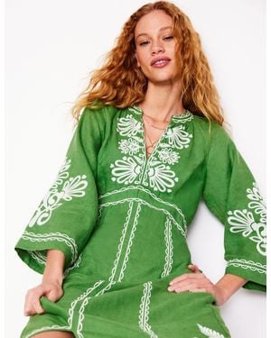 Boden Una Linen Embroidered Dress - Green