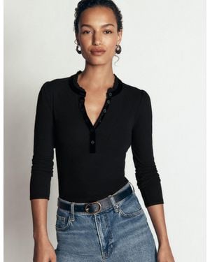 Boden Velvet Ruffle Trim Henley Top - Black
