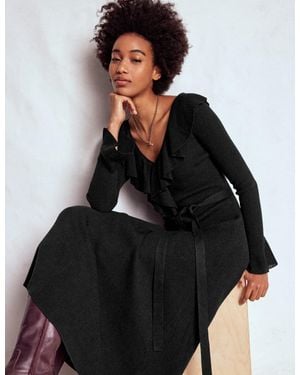 Boden Geripptes Henley-Kleid Mit Rüschen - Schwarz