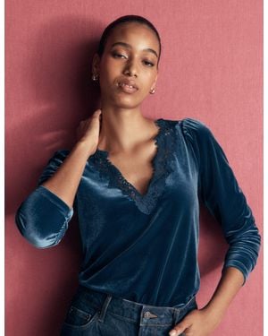 Boden Lace Trim V-Neck Velvet Top - Blue
