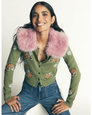 Boden Fur Collar Cropped Cardigan - Green