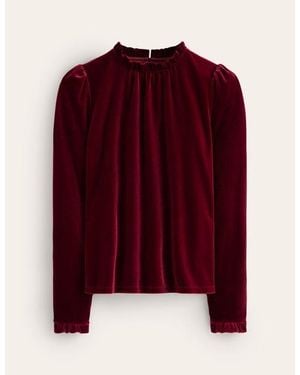 Boden Velvet Frill Neck Top - Red