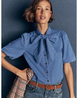 Boden Tie Neck Denim Top - Blue