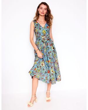 Boden V-Neck Belted Flare Dress-Multi, Citrus Vine - Blue